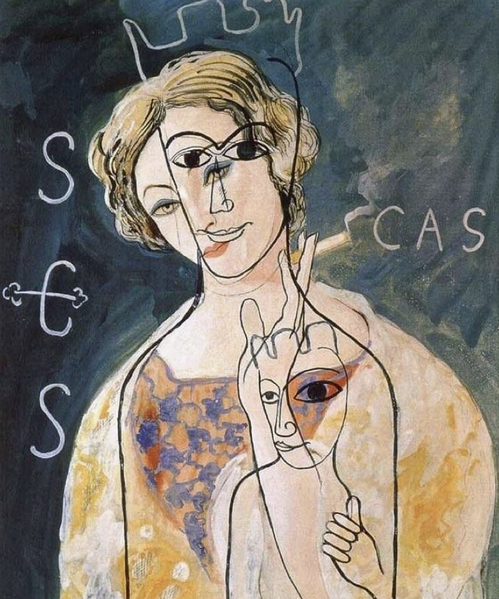 Abstrakte Malerei: zwei überlagerte Figuren mit verschlungenen Konturen, Krone, rauchender Hand und warmen Farbtönen.